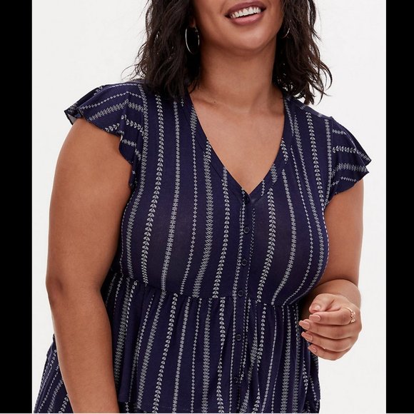 TORRID NAVY WHITE BUTTON FRONT LAYERED BABYDOLL SOFT TOP - Picture 4 of 6